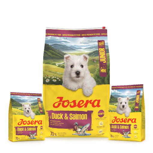 Josera Mini Junior Duck & Salmon gluten free complete food for small breed puppies and adults 10kg, 3kg and 0.9kg bags