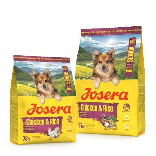Josera Mini Senior Chicken and Rice for all small breeds gluten free and salmon oil omega 3 in 3kg and 0.9kg bags