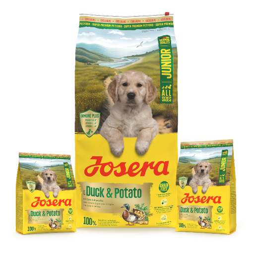 Josera Junior Duck and Potato grain free single meat protein complete food for puppies and young dogs in 12.5kg, 3kg and 0.9kg bags